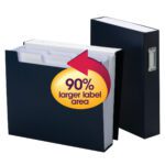 Two black expanding file folders, one open and one closed, feature a large red arrow indicating a 90% larger label area. The open Smead SuperTab Bookshelf Organizer, 6 pockets, Letter Size in Monaco Blue (70867) reveals several white dividers inside for letter-size documents.