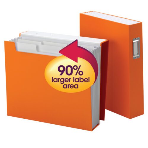 70868_C1.jpg The Smead SuperTab Bookshelf Organizer, Orange (70868), features two letter-size accordion folders. One offers a 90% larger label area with visible tabs, while the other stays neatly closed, ideal for efficient organization with six pockets.