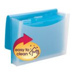 The Smead Poly Expanding File (Wave Pattern Teal/Clear, 70873) features a flap and cord closure, semi-transparent pockets, 6 dividers, and a blue accordion-style design. A yellow label with a hand-cleaning icon highlights its easy to clean feature.