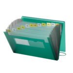 The Smead Poly Expanding File, Green (70878), includes 12 pockets with monthly dividers from January to November. The open accordion design provides spacious sections and a front pocket, ideal for organized storage.