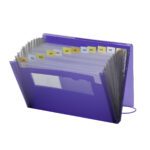 The Smead Poly Expanding File (70879) in purple, with transparent features, offers 12 pockets labeled from January to December. It includes a front paper insert and ensures security with a flap and cord closure.