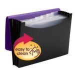 The Smead Poly Expanding File (70882) features a purple wave-pattern outer cover and black accordion-style compartments, ideal for organizing letter-size documents. A yellow oval sticker with a red arrow and hand icon reads easy to clean, while the flap and cord closure keeps contents secure.