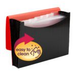 The Smead Poly Expanding File, Wave Pattern Red/Black (70884), features 6 dividers for optimal organization with an accordion style for multiple compartments. A yellow sparkly label claims its easy to clean, and it securely closes with a flap and cord.