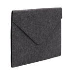 A modern, minimalist felt laptop sleeve with a pointed flap and snap closure, reminiscent of a letter-sized Smead Soft Touch Cloth Expanding File in gray. It features visible edge stitching and stands upright at an angle to the left.