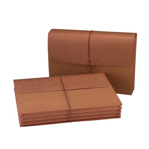The Smead Wallet folders are shown in brown; one stands upright secured with a flap and cord, while the other lies flat. These legal-size, redrope folders feature expandable compartments and come 10 per box (71007).