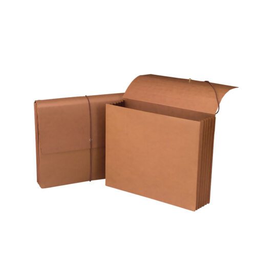 Two Smead Wallets, size letter in redrope, are shown. One stands open, displaying its 5-1/4 expansion for organizing papers; the other rests flat, secured with a flap and cord closure.
