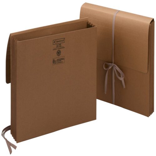 Two Smead Wallets, 3-1/2 expansion, with cloth tie closures. One open showing letter-size compartments; the other closed and tied. Both feature logos and text on the front.