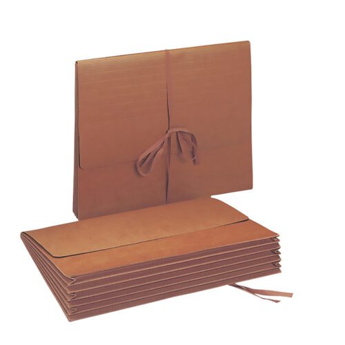 The image shows Smead Wallets (71073) with a redrope finish and flap with cloth tie closures. One stands upright while others lie flat, displaying their slight texture. These letter-size folders expand to 5-1/4 and come in a box of 10.