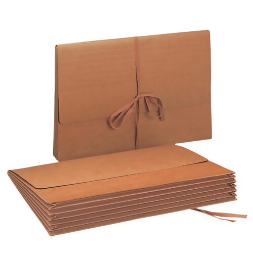 A set of Smead Wallets in legal size features durable redrope material, flap with cloth tie closures, and a 5-1/4 expansion. One folder is upright and partially open to show its sections, while the others are neatly stacked flat.