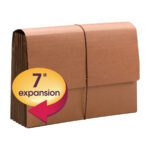 The Smead TUFF Wallet (71167) is an extra wide legal size brown accordion-style file folder with a 7 expansion and a durable flap and cord closure, featuring a yellow circle with a red arrow.