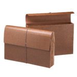 Two brown accordion file folders, one open showing a fully-lined gusset with 3-1/2 expansion in multiple compartments. Similar to a Smead Expanding Wallet, the other is closed with an elastic band. Both have textured surfaces ideal for organizing documents.