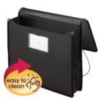 The Smead Poly Premium Wallet (71500) in sleek black offers a 5-1/4 expansion and letter-size compartments, featuring a small label holder and an easy-to-clean surface with just a hand wipe.