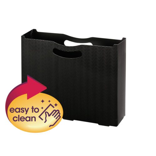 The Smead File Box (71631) features a 3 expansion and a textured black wave pattern with handle cutout. Adorned with graphics of a hand, sparkles, and an arrow on yellow background, it states easy to clean. Ideal for letter-sized documents.