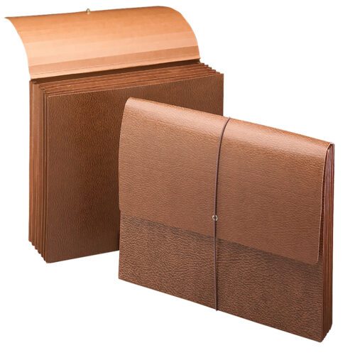 72375.jpg Two brown Smead Partition Wallets are shown; one is open, displaying its 6 pockets, and the other is closed with a cord closure. Both have a textured surface, ideal for organizing documents.
