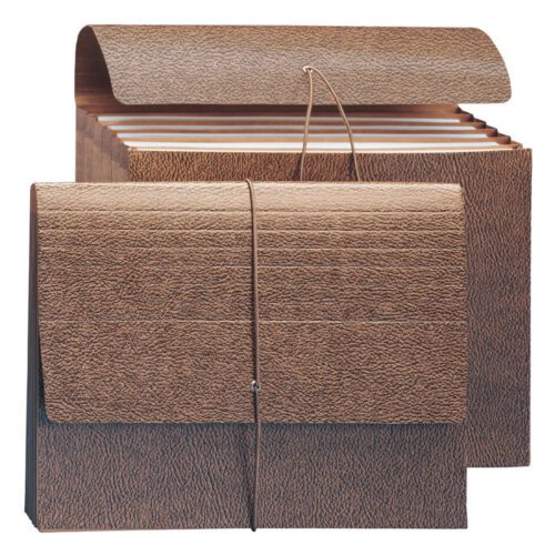 Two expanded brown accordion file folders with textured surfaces are shown. The front one, a closed Smead Partition Wallet with Redrope-Printed Stock and secured by an elastic cord, while the back is open, displaying multiple tabbed sections for organizing letter-sized documents.