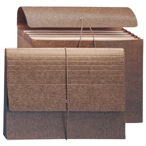 Two Smead Partition Wallets (72475), shown in brown textured redrope-printed stock, feature 6 pockets for organizing documents. One is closed with a reliable flap and cord closure; the other is open, adding classic professionalism to your organizational needs.