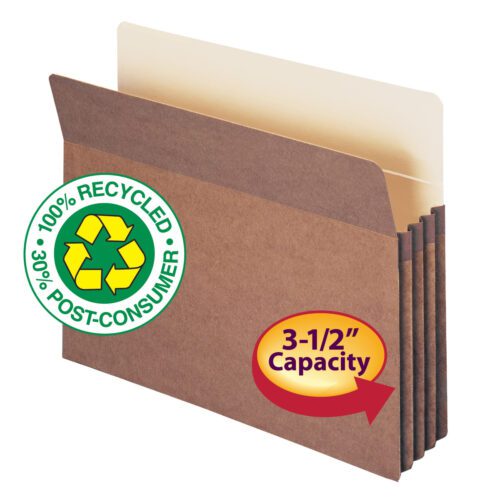 73205_C1.jpg The Smead 100% Recycled File Pocket (73205) is a letter-size, redrope expanding file folder with a beige interior, featuring a green label 100% Recycled, 30% Post-Consumer and a red arrow for 3-1/2” Expansion. Sold in packs of 25 per box.