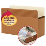 The Smead Easy Grip? File Pocket (73211) is a redrope legal size folder with a 5-1/4 expansion and straight-cut tab, designed for easy handling. It features multiple sections and a non-slip surface label, ideal for organizing documents.
