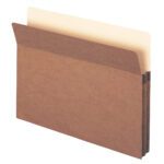 A brown Smead File Pocket (73214) stands upright against a plain white background, slightly open to reveal its beige interior dividers. This durable redrope accordion file folder features a straight-cut tab and 1-3/4 expansion for letter-size documents, combining functionality and elegance.