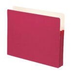 The Smead File Pocket (73221) is a vibrant red folder with a beige interior and two pleated sides, allowing for 1-3/4 expansion. It provides ample storage for letter-size documents and stands upright.