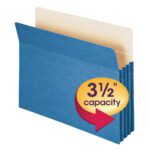 The Smead File Pocket (73225) features a blue exterior, beige interior, expandable bottom, and a yellow label displaying 3½” capacity in red. Its perfect for organizing letter-size documents.