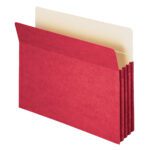 The Smead File Pocket (73231), in red, features a 3-1/2 expansion and accordion sides, perfect for organizing documents. Its letter size reveals a cream interior when open, and its displayed slightly angled for easy viewing.