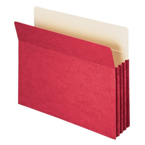 73231_C2.jpg The Smead File Pocket (73231), in red, features a 3-1/2 expansion and accordion sides, perfect for organizing documents. Its letter size reveals a cream interior when open, and its displayed slightly angled for easy viewing.