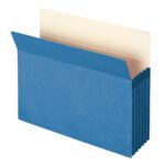 The Smead File Pocket, 5-1/4 expansion, straight-cut tab (73235), offers a blue design with multiple expanding sections and a tan interior in a letter size. Sold 10 per box, it ensures documents stay neatly arranged and easily accessible.