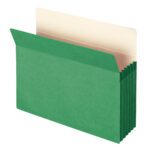 The Smead File Pocket, a green, straight-cut tab accordion folder, boasts a 5-1/4 expansion and beige interior dividers. Available in sets of 10 per box (73236), it is the perfect solution for stylish and efficient document management.