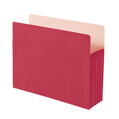 The Smead File Pocket, featuring a straight-cut tab and 5-1/4 expansion, is shown open against a white background. Its fan-like structure neatly organizes documents. Available in red, letter size, and packed as 10 per box (73241).