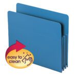 The Smead Poly File Pocket in blue, with a straight-cut tab and 3-1/2 expansion, features three sections for organization. An oval badge with a red arrow and hand icon highlights its easy to clean feature.