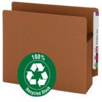 The Smead 100% Recycled End Tab Extra Wide File Pocket features straight-cut tabs labeled S, A, M, and a FEB tab, with a green recycling symbol for 100% recycled stock. This redrope folder comes in letter size, 3-1/2 expansion, with 25 per box (73610).