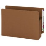 A Smead 100% Recycled End Tab Extra Wide File Pocket in redrope with straight-cut tabs is slightly open, displaying multicolored letter-labeled dividers. It features a 3-1/2 expansion for optimal document storage.