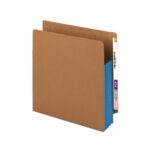 The Smead End Tab File Pocket (73679) is a brown accordion folder featuring numbered tabs in purple, orange, and green on the right edge. It has a redrope color with a blue gusset and expands to 3-1/2. Available in sets of 10 per box.