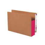 A partially open brown Smead End Tab File Pocket (73686) reveals multiple labeled tabs in red, white, and green. This extra-wide letter-size folder features a reinforced straight-cut tab for durability and a 3-1/2 expansion, with a vibrant red gusset for efficient organization.
