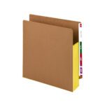The Smead End Tab File Pocket features a 3-1/2 expansion and straight-cut tab in a Redrope with Yellow Gusset design. Each folder includes visible yellow dividers and comes with three colored labels: green, red, and purple. Sold in sets of 10 per box (73688).