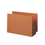 The Smead End Tab File Pocket (73691) with a 5-1/4 expansion, straight-cut tab, extra wide letter size, and redrope with dark brown gusset stands against a white backdrop. Its expandable accordion design allows effortless document organization.