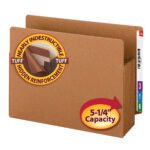 The Smead End Tab TUFF? File Pocket, Extra Wide Letter Size Redrope, features a Nearly Indestructible Hidden Reinforcement badge with a reinforced straight-cut tab and fully-lined gusset. Color-coded labels 3, 1, and 6 enhance organization, and it offers a 5-1/4 expansion for ample storage.