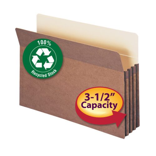 The Smead 100% Recycled File Pocket has a straight-cut tab, 3-1/2 expansion, legal size, and a durable redrope design with a green 100% Recycled Stock symbol.