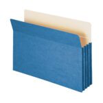 The Smead File Pocket features a straight-cut tab, 3-1/2 expansion, legal size, and blue exterior. Its partially open to reveal beige dividers inside, ideal for efficient document organization and storage.