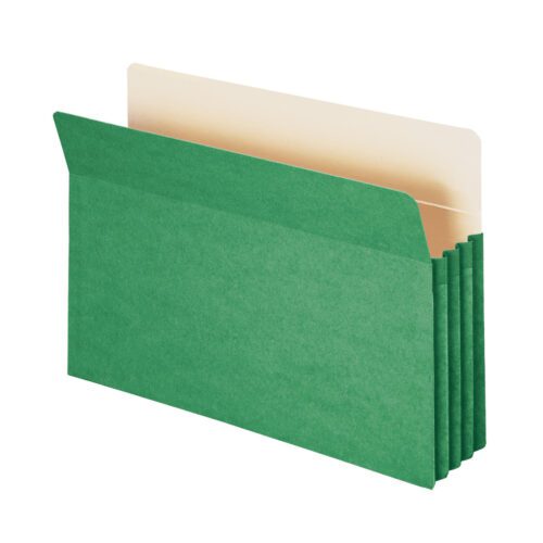 74226_C2.jpg The Smead File Pocket, model 74226, is an expandable green file pocket designed with a straight-cut tab for easy labeling and an accordion-style side. It includes beige dividers and offers a 3-1/2 expansion, suitable for legal-size documents. Comes in a box of 25.