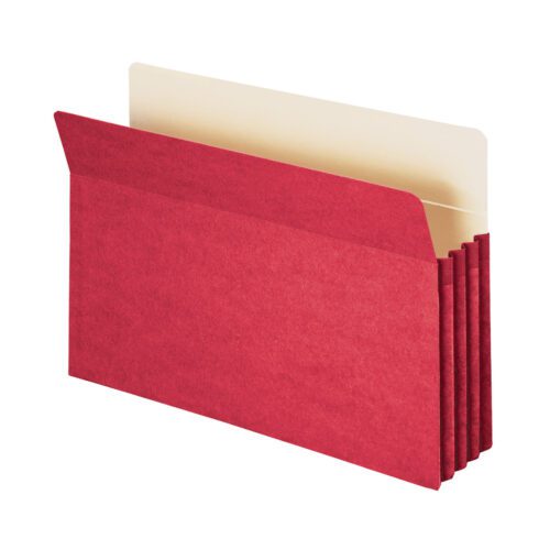 The Smead File Pocket (74231), in vibrant red, stands against a white background with its 3-1/2 expanding sections open to reveal beige dividers. This legal-size, straight-cut tab accordion folder is functional and stylish.