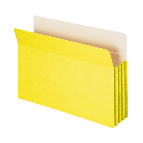 74233_C2.jpg The Smead File Pocket (74233) is a yellow accordion file folder with a 3-1/2 expansion, featuring five expandable sections and a tab. It stands upright and open, perfect for organizing essentials, and comes in a pack of 25 legal-size folders per box.
