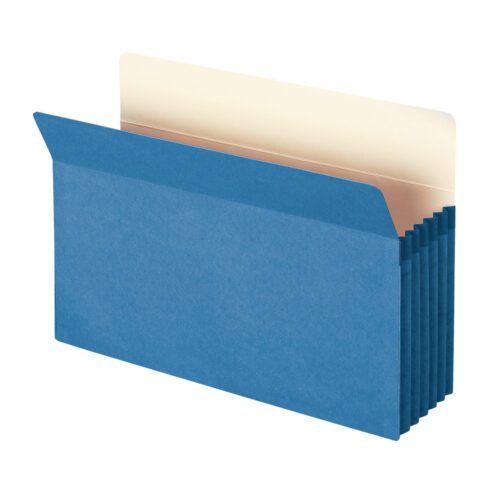 The blue Smead File Pocket (74235) features a straight-cut tab, 5-1/4 expansion, and a light tan interior, elegantly designed to accommodate legal-size documents while standing upright.