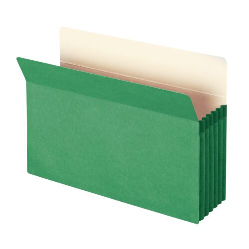 The Smead File Pocket 74236 is a legal-size, green expandable folder with a straight-cut tab and beige interior, ideal for organizing documents. It features a 5-1/4 expansion, secured flap closure, and multiple sections. Each box contains 10 folders (74236).