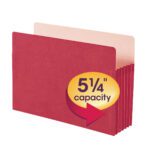 The Smead File Pocket in red, with a 5-1/4 expansion and beige interior, features a 5 1/4 capacity icon marked by a red arrow. Its straight-cut tab offers easy labeling and ample storage.