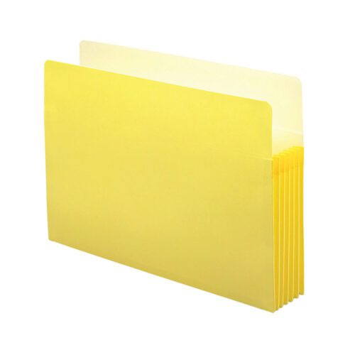 A Smead File Pocket in yellow, featuring a straight-cut tab and 5-1/4 expansion, reveals accordion-style sides. It’s perfectly organized and sold in sets of 10 per box (74243).