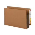 The Smead End Tab File Pocket, model 74681, is an extra-wide legal size folder in redrope with a dark brown gusset. It features a reinforced straight-cut tab and offers 3-1/2 expansion for organized filing.