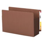 A brown accordion file folder with multiple expanding sections and a reinforced straight-cut tab, displaying a barcode, numbers 0 and 4 in yellow and orange boxes, offering 5-1/4 expansion like the Smead End Tab File Pocket (74691).