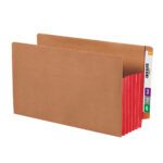 A brown accordion file folder mimics the Smead End Tab File Pocket (74696), featuring a reinforced straight-cut tab, red expandable sections, and colored organizational tabs. Each box contains 10 extra wide legal size folders.